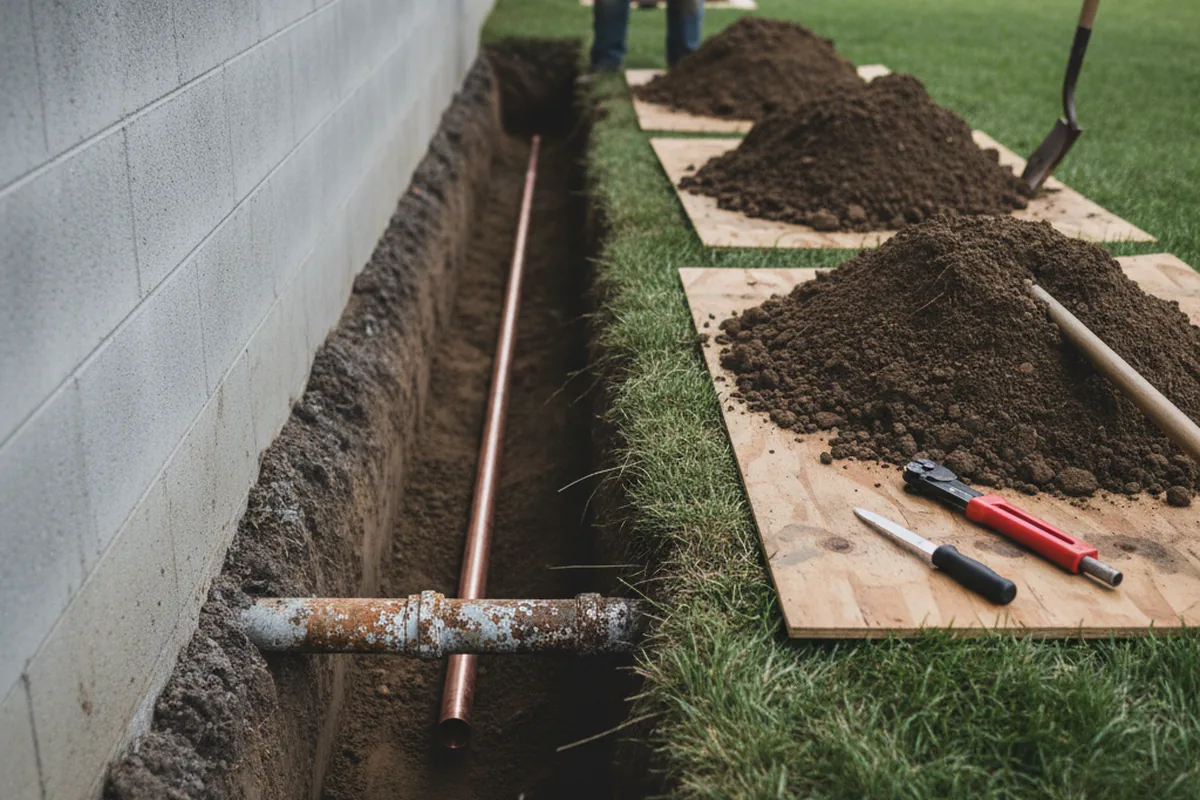 Excavated water line trench during Water Softener Installation in Hi Hat